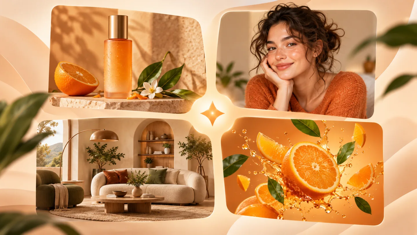 Four purposeful AI image examples: a product photo, creator portrait, interior concept, and citrus campaign visual